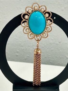 Vintage Sarah Faux Turquoise And Faux Pearl Brooch Oval Gold Tone Tassel Signed